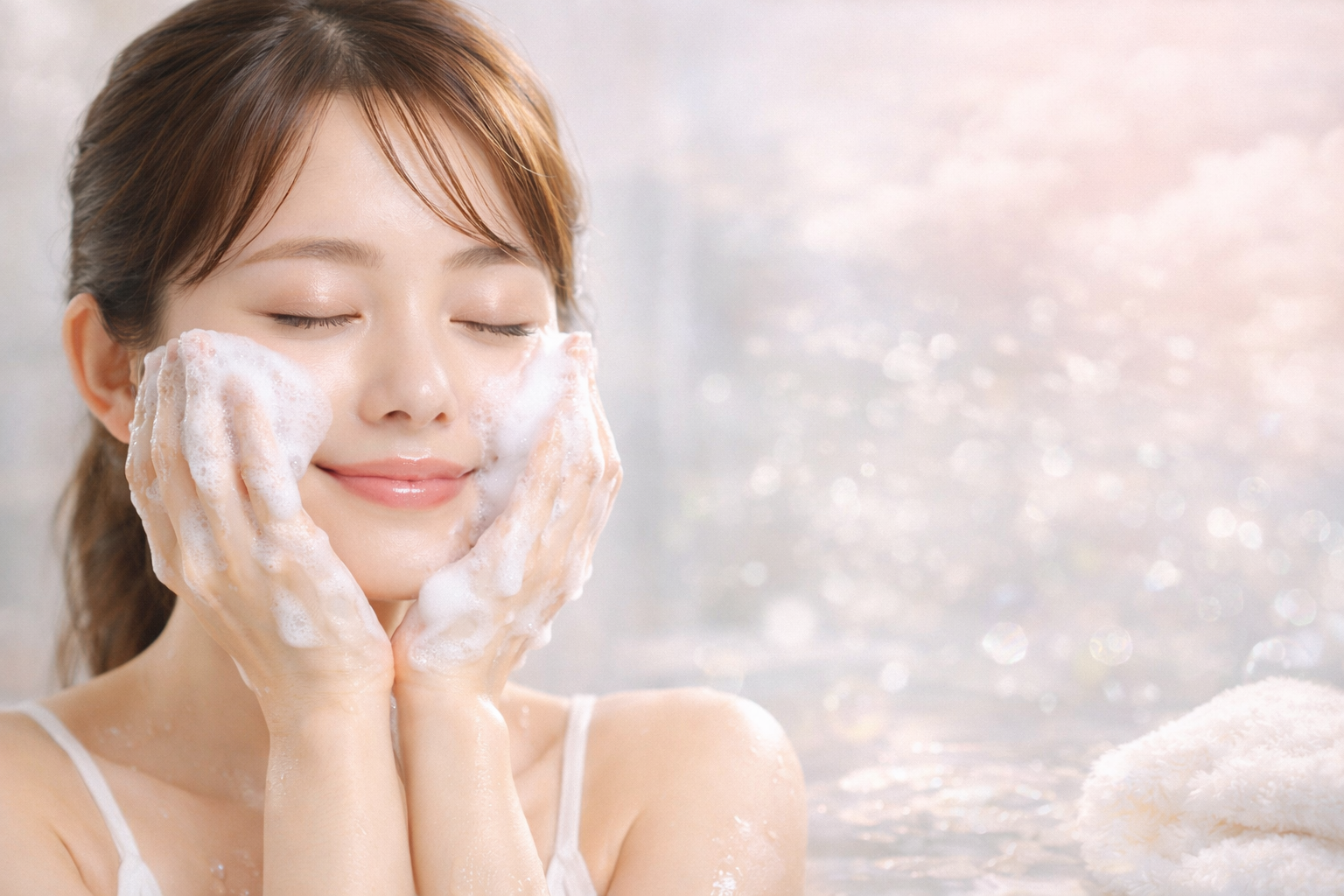 泡洗顔をしている女性の画像。