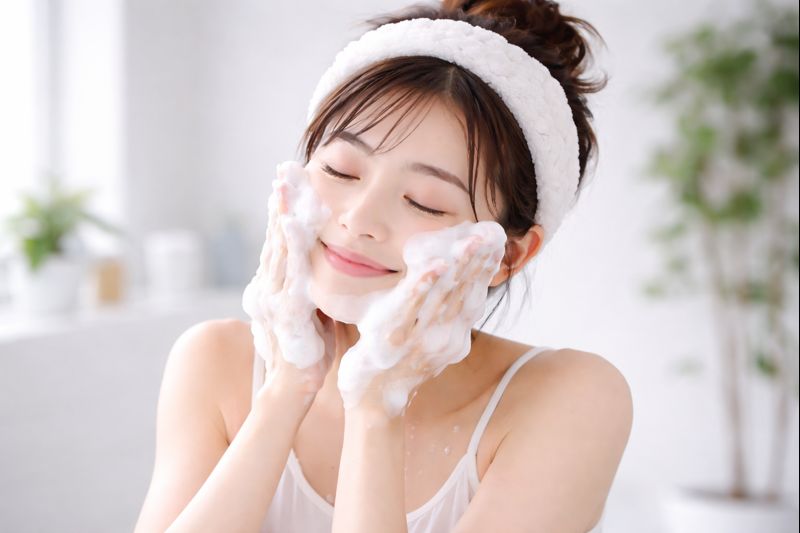 もちもち泡で洗顔している女性の画像。