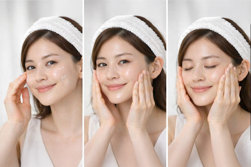 美容液の「顔全体」への正しい塗り方を説明している女性の画像