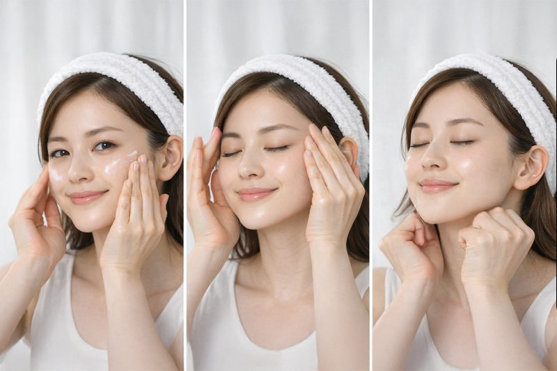 美容液の効果を高める「顔マッサージ」をしている女性の画像