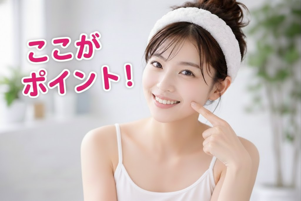 「ここがポイント」を表現している女性の画像。