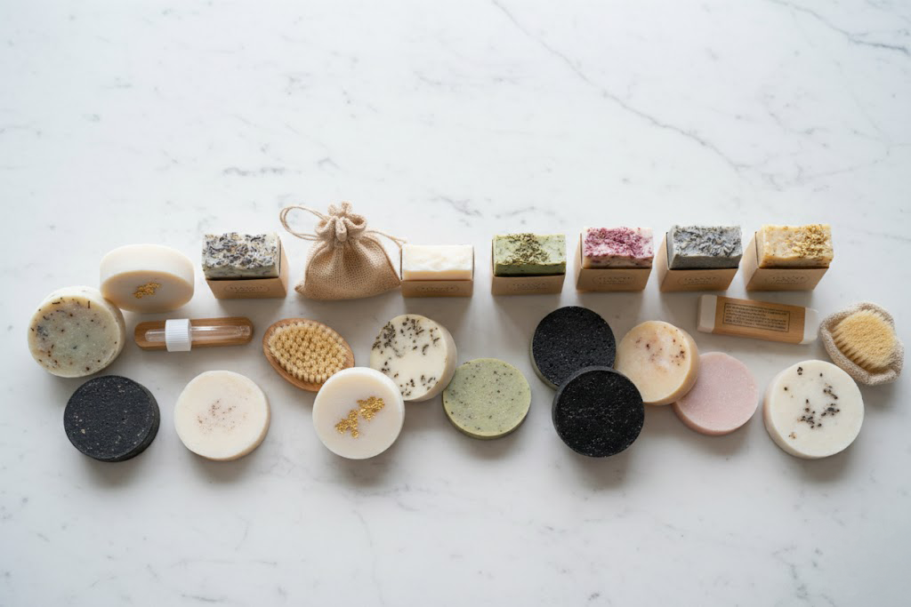 色々な洗顔石鹸が並んでいる画像。