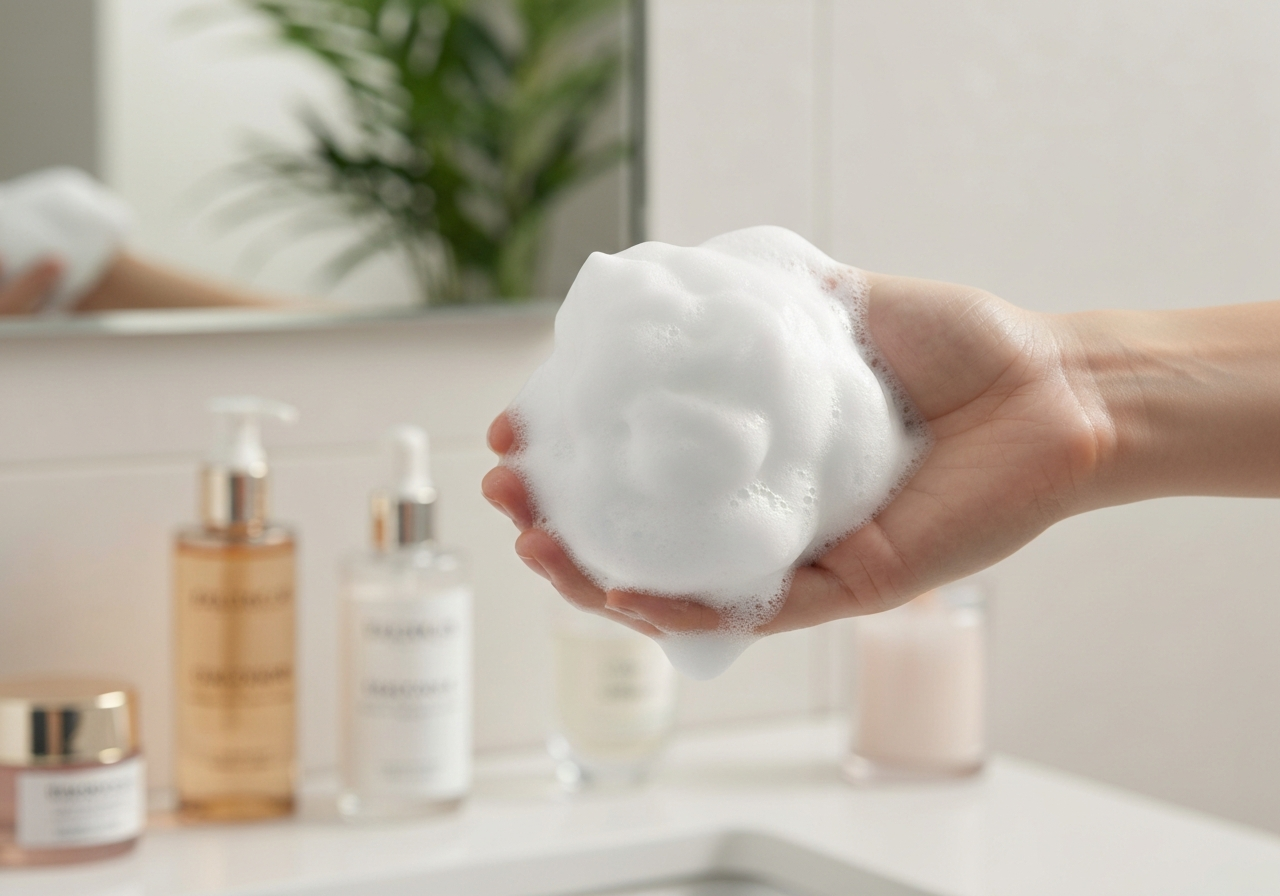 きめ細やかな、もちもち泡を持っている画像。