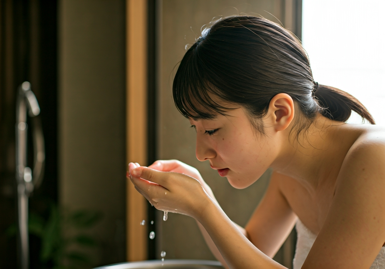 顔を洗っている女性の画像。