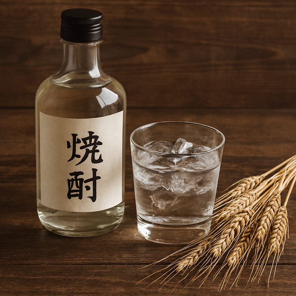 麦をイメージさせる稲穂が置かれ、焼酎とグラスが綺麗に並んでいるイメージ