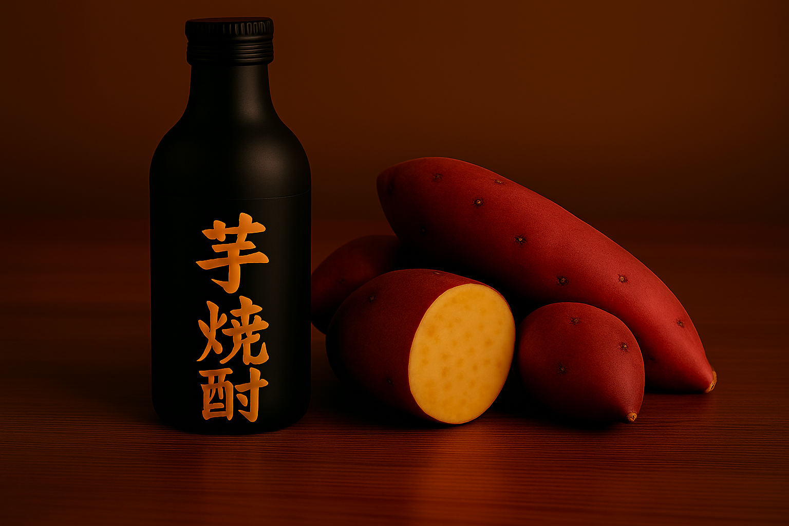 雰囲気のある照明にいも焼酎が置かれ、素材の芋が並べられているイメージ画像