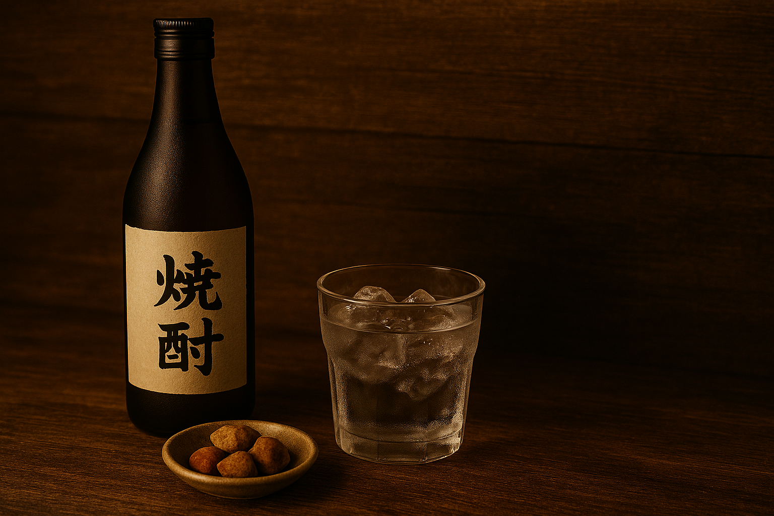 雰囲気のある照明に焼酎とグラス、お通しが並んでいる画像