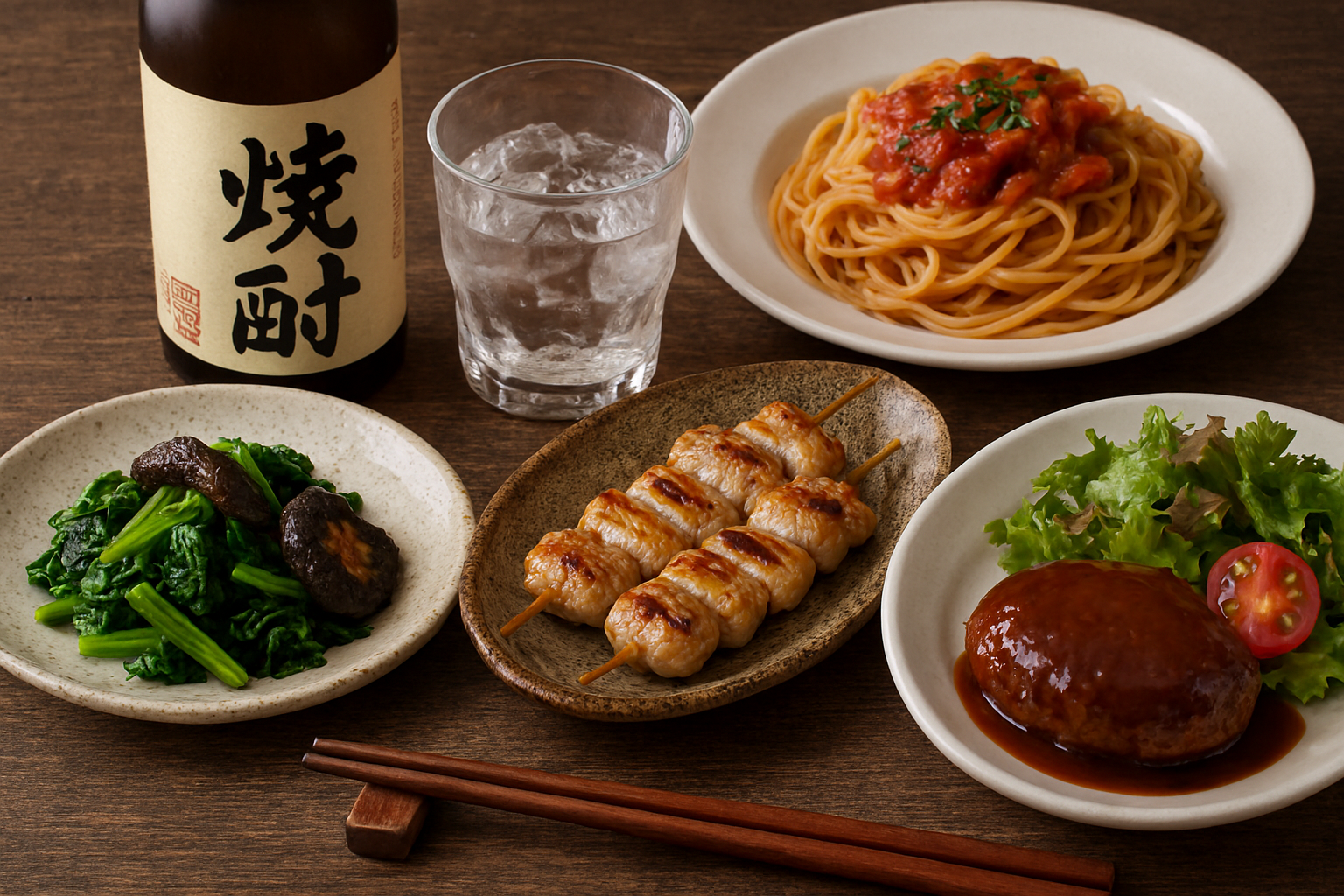 焼酎と様々な料理の写真