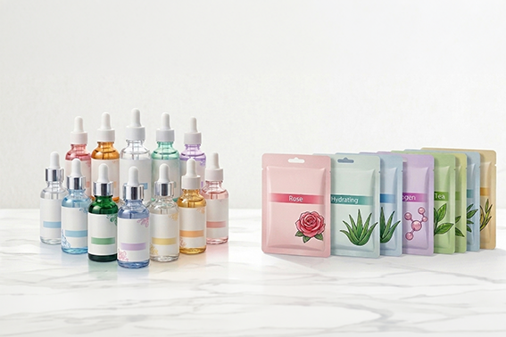 フェイスマスクと美容液がキレイに並んでいるイメージ