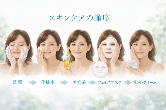 スキンケアの順序を表している女性のイメージ。