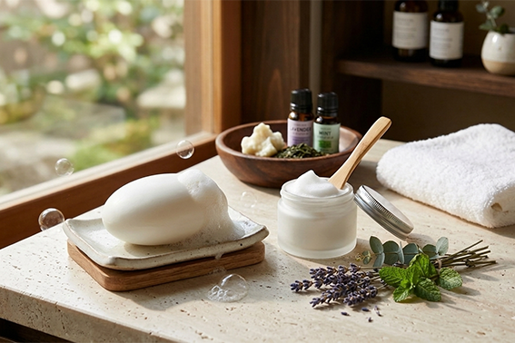 洗顔セットが置かれた室内風景画像です。