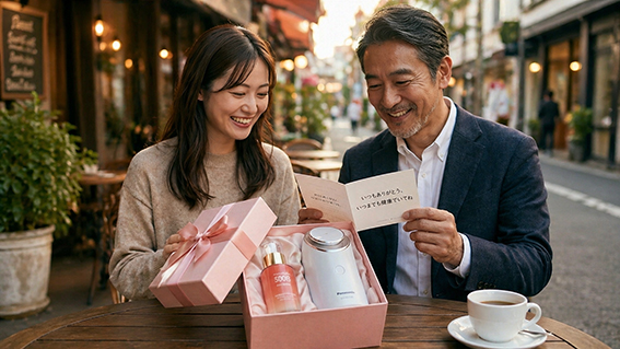 プレゼントされ笑顔になる男性と女性