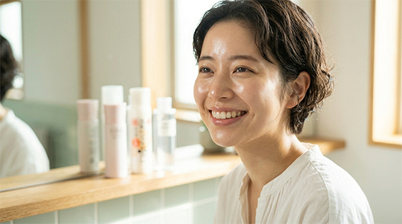 スキンケアで笑顔になる女性のイメージ