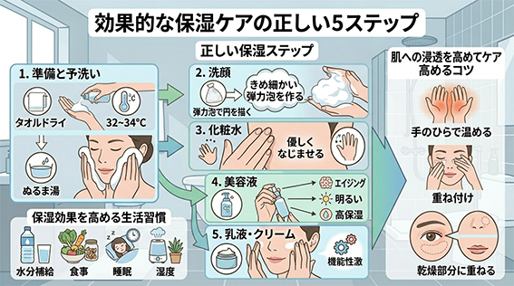 保湿ケアステップ方法のイラスト図