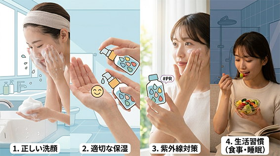 効果を最大限に高めるスキンケア方法を表しているイメージ