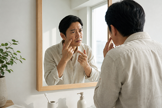鏡に向かって肌をチェックする男性