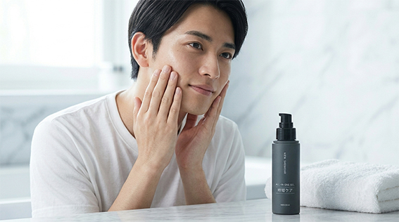 化粧水を前に微笑んでいる男性の画像