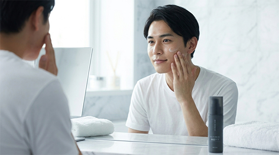 鏡に向かってスキンケアを行なっている男性の画像