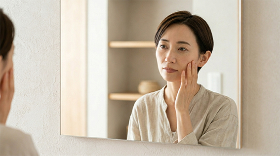 鏡に向かって肌を確かめている女性の画像