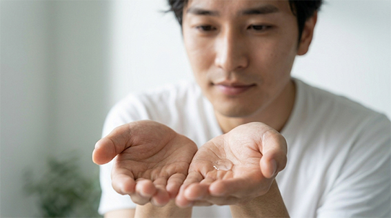 手の平に化粧水を載せている男性の画像