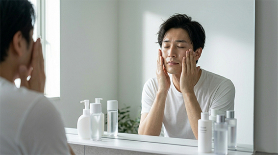 鏡に向かってスキンケアを行なっている男性の画像