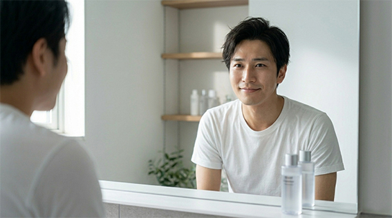 鏡に向かって微笑んでいる男性の画像