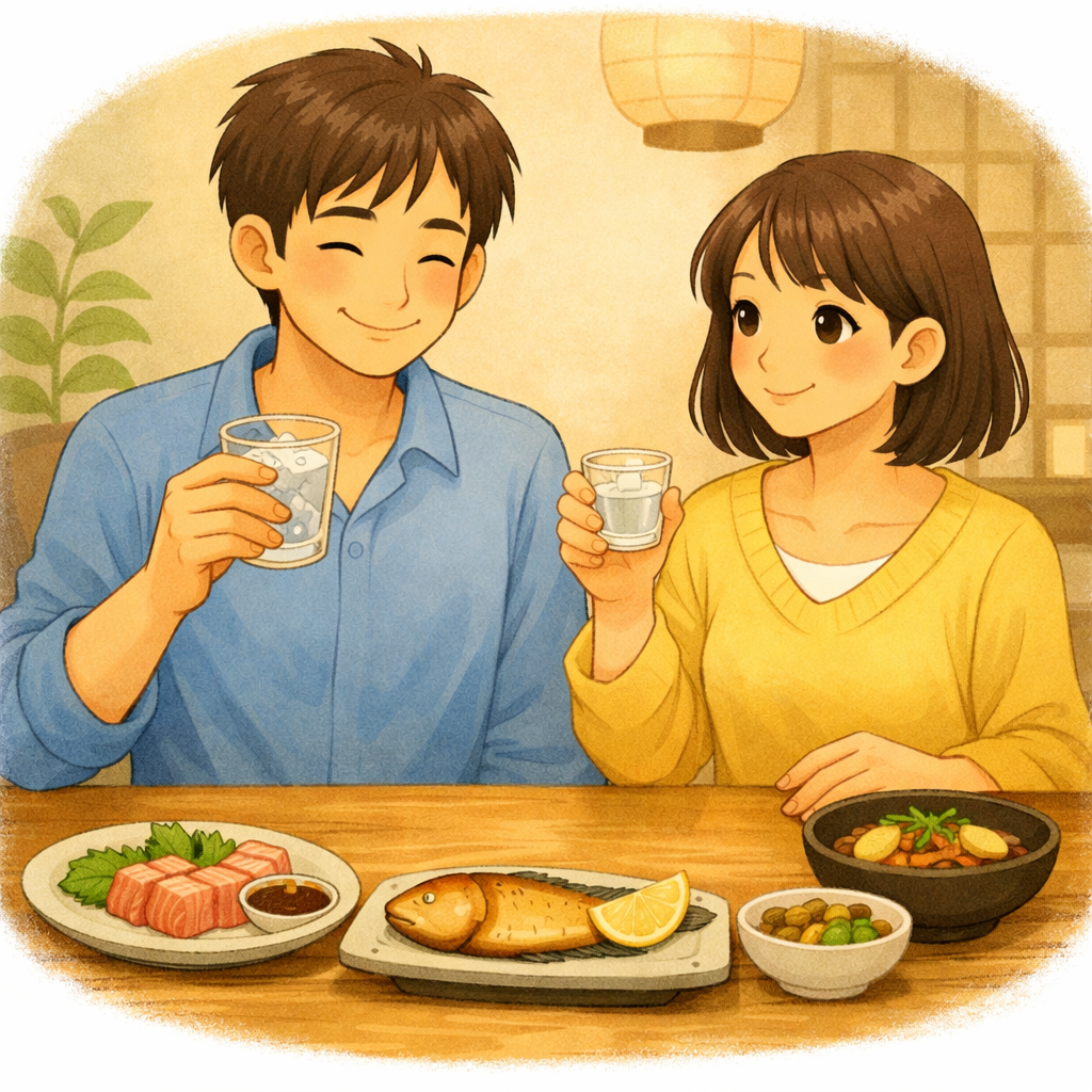 男性と女性が食卓で笑顔でお酒を飲んでいる画像