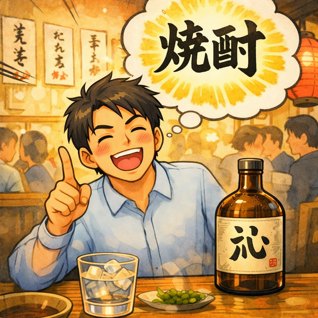 焼酎はこれで決まり！と指さしている男性の画像