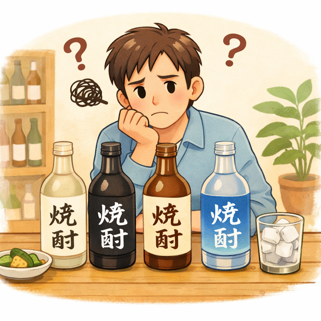 その焼酎を選べばいいか悩んでいる男性の画像