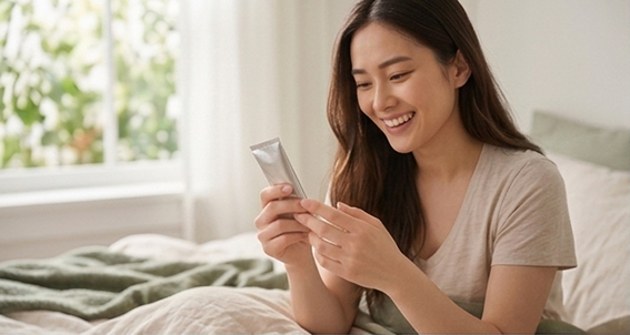 自分に合ったハンドクリームを見つけ笑顔になる女性の画像